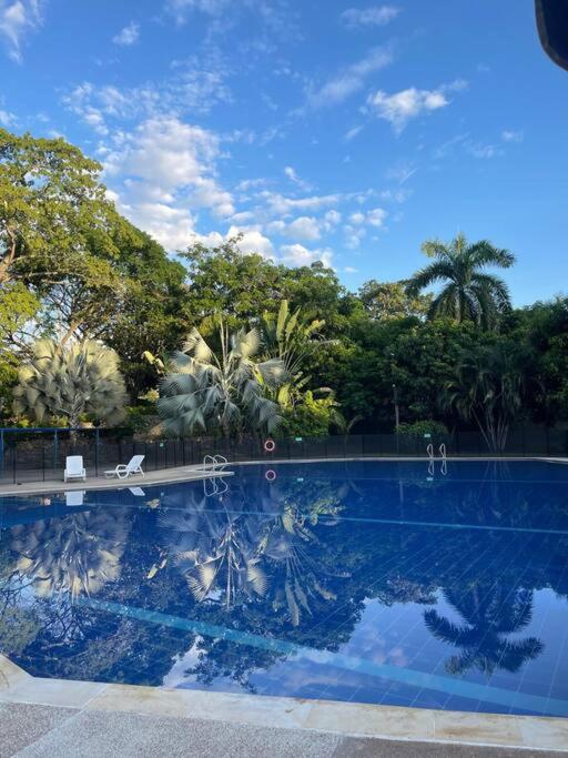 a swimming pool with a dog sitting next to it at Apartamento acogedor - Melgar in Guaduala
