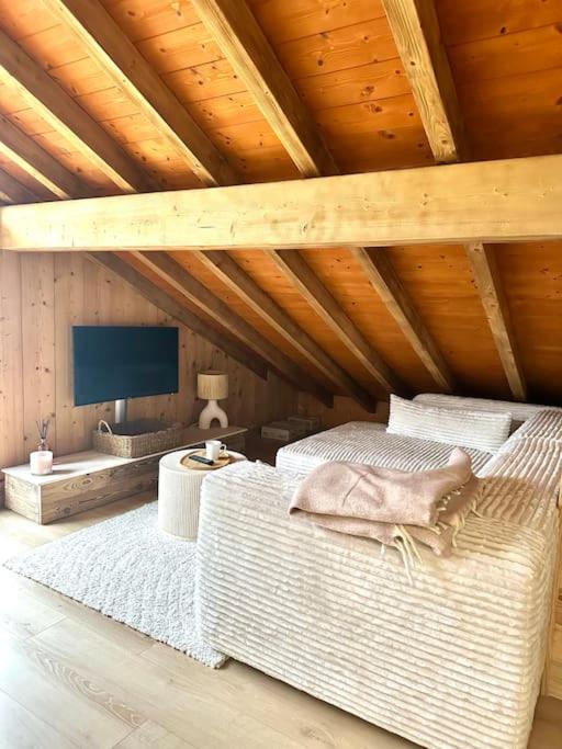 Cette chambre mansardée comprend un lit et une télévision. dans l'établissement Le tilleul-cœur du village, à Samoëns