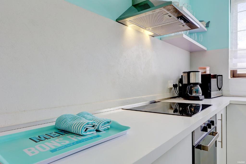 Kuchyň nebo kuchyňský kout v ubytování EUREKA-SUR-MER Stylish & Cosy Apartment, 100 mts from beach, pool