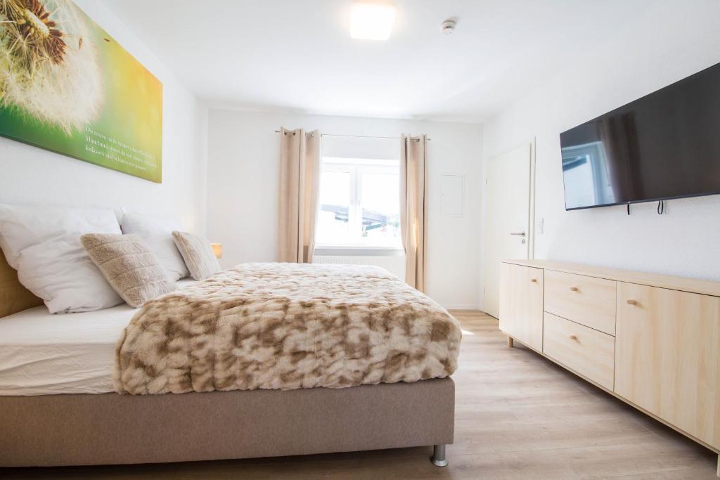 Un dormitorio con una cama grande y un televisor. en Luxury Zweibrücken 1, en Zweibrücken
