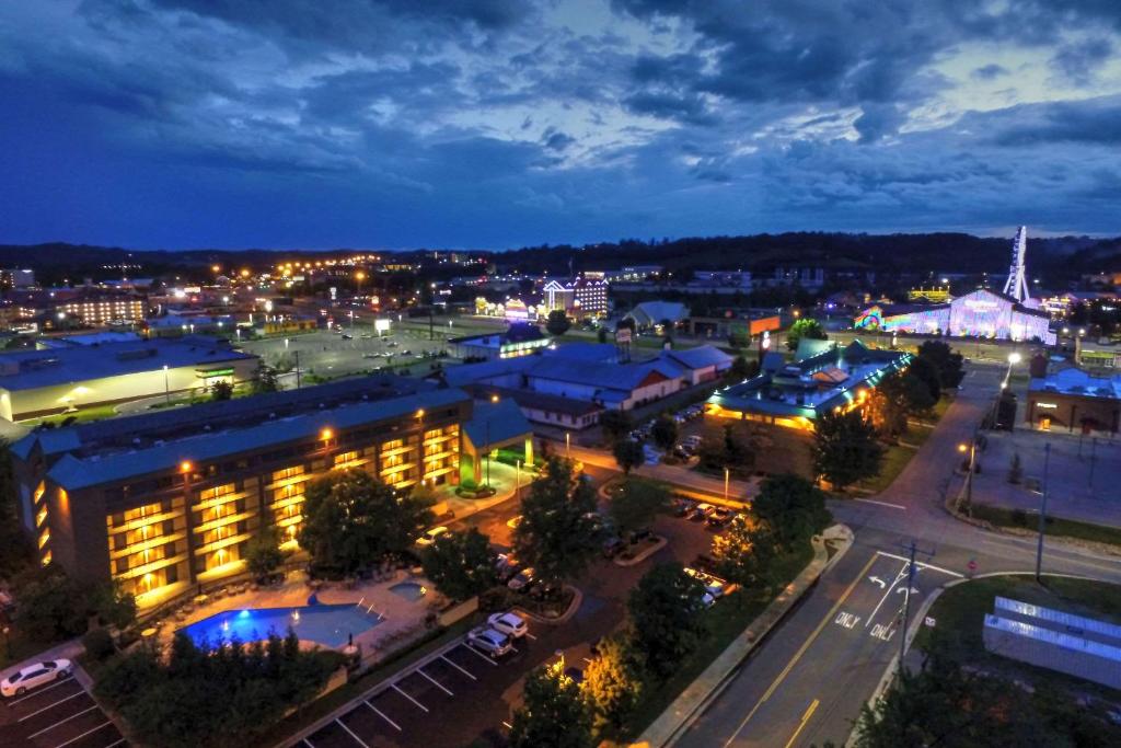 an aerial view of a city at night at Quality Inn Near the Island Pigeon Forge in Pigeon Forge