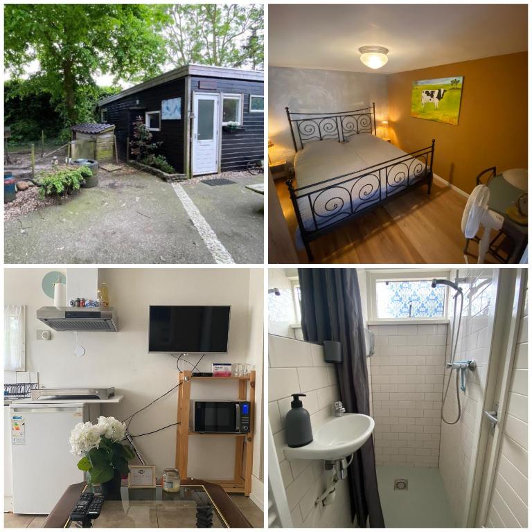 a collage of three pictures of a bedroom and a house at La Luna - Denise in Heerhugowaard