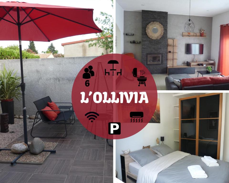 un collage de trois photos d'une chambre d'hôtel dans l'établissement Maison L'Ollivia - Terrasse - Parking gratuit, à Carcassonne
