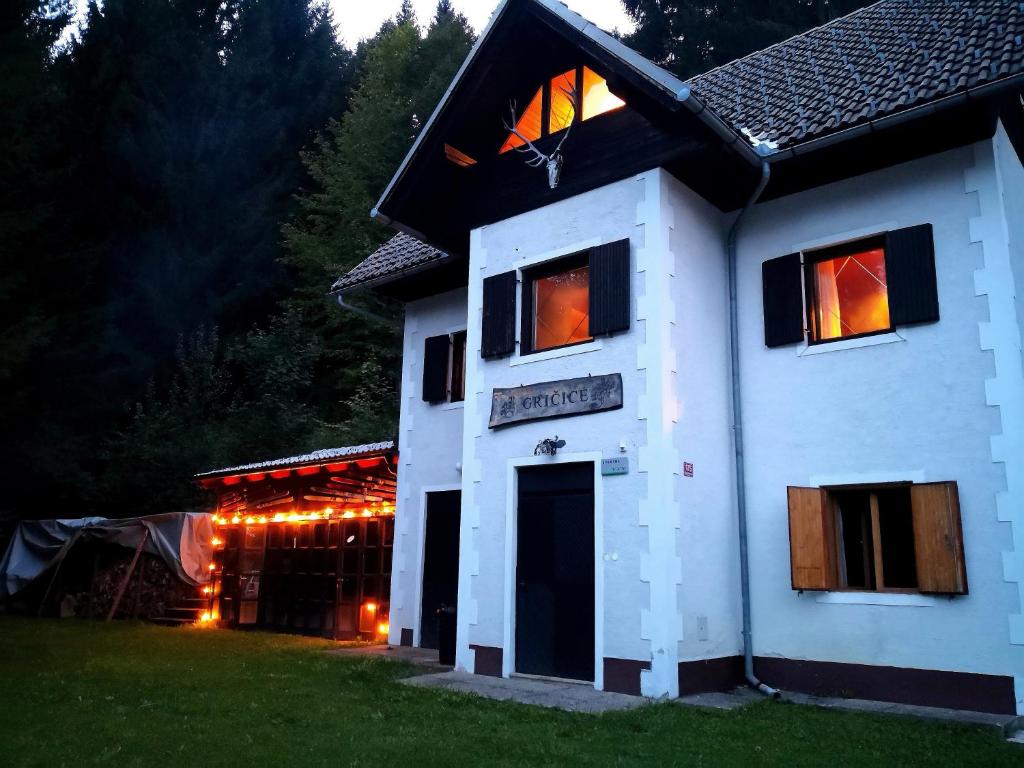 Ski Cottage في Semič: منزل أبيض مع أضواء في النوافذ