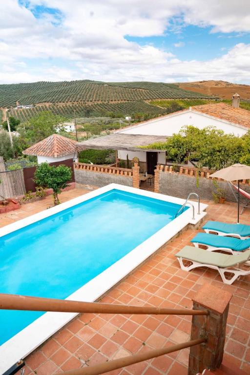 a pool with two chairs and a view of a vineyard at Casa Froscar in Bermejo