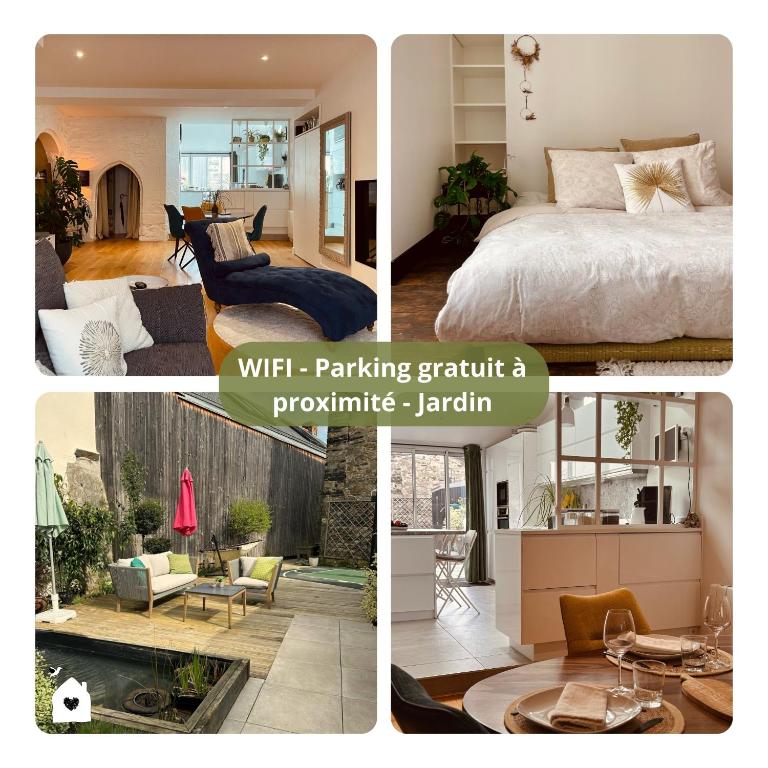 un collage de photos d'une chambre et d'un salon dans l'établissement H3 Charmante maison sur la Vilaine près du Château, à Vitré