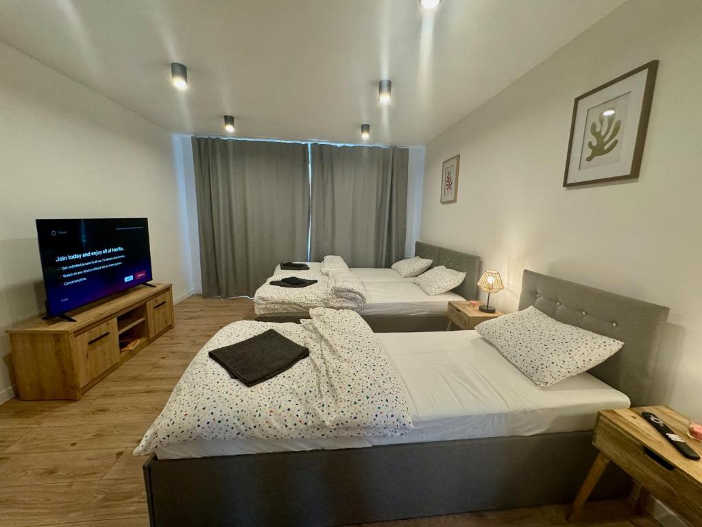 Postel nebo postele na pokoji v ubytování Apartmán Strážske s balkónom
