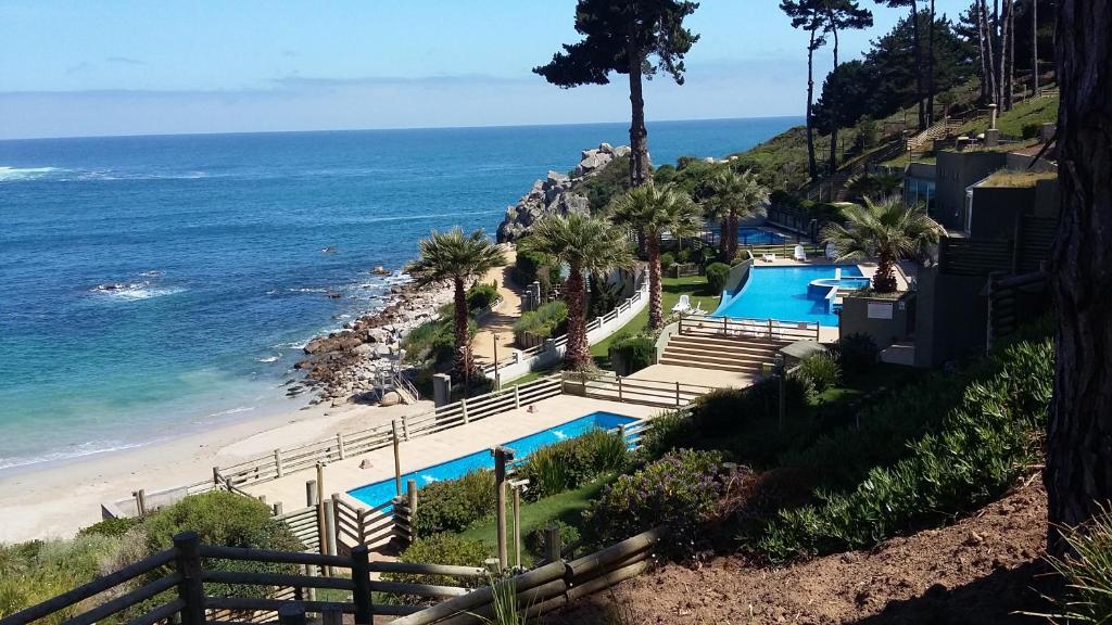 a view of a swimming pool next to a beach at Algarrobo Apartment in Algarrobo