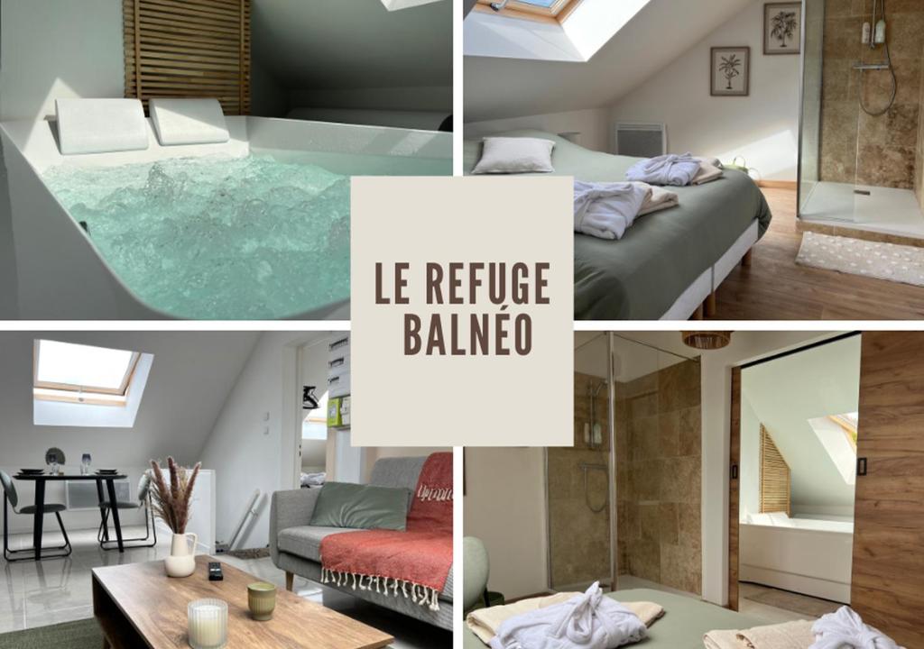 a collage of pictures of a room with a bed and a bathroom at Appartement Chic avec Balneo in Vierzon