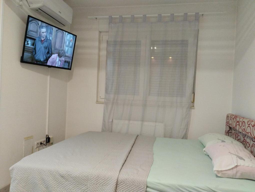 ein Schlafzimmer mit einem Bett und einem Fernseher an der Wand in der Unterkunft Apartman Central in Doboj