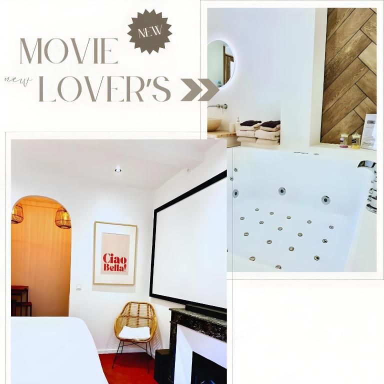 un collage de photos d'une chambre et d'un salon dans l'établissement cinéma & balnéo privatifs, à Montfrin