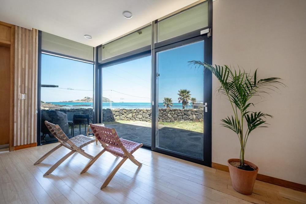 un salon avec deux chaises et une plante dans l'établissement Equinox de Geumneung, à Jeju