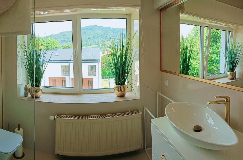a bathroom with a sink and two windows at Apartament Olchowa Prestige 3 in Ustroń