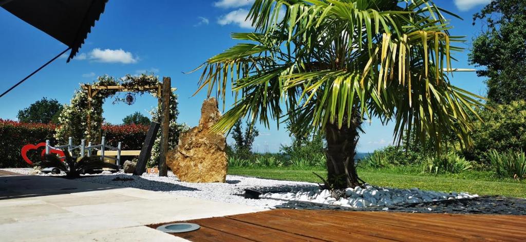 a palm tree and a wedding arch in a yard at "Notre Bastide" Maison et table d'hôtes traditionnelle et végétarienne, Piscine, jacuzzi, Clim, , à 5 mn de SARLAT in Marcillac-Saint-Quentin