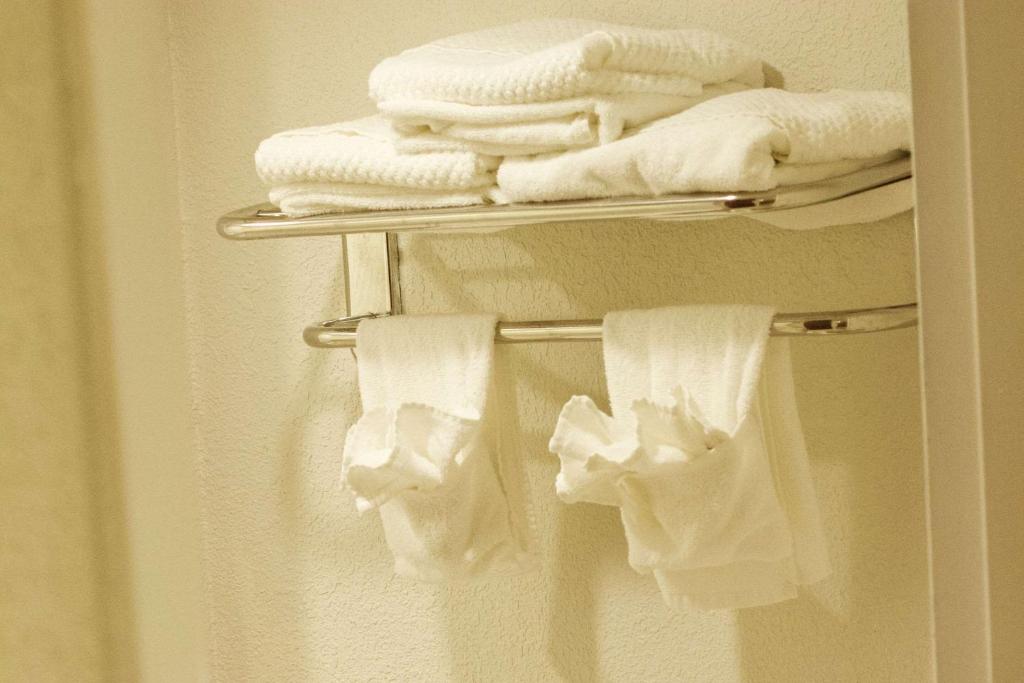 a pile of towels on a towel rack in a bathroom at Quality Inn near Chattanooga South in Ringgold