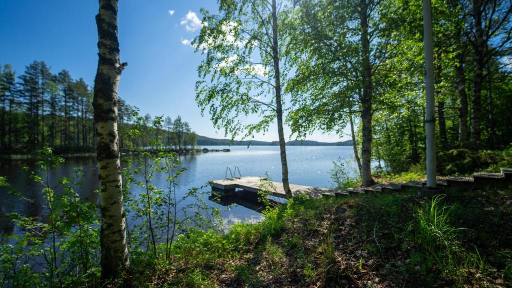 a dock on a lake in the woods at Paimentupa Rantamökki in Kolinkylä