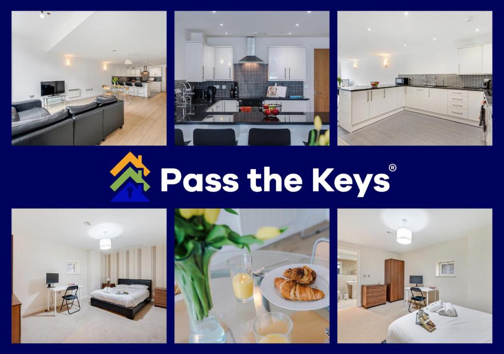 a collage of photos of a kitchen and a living room at The Railway Pass The Keys Modern 2-Bed Apartment in Central Altrincham in Altrincham