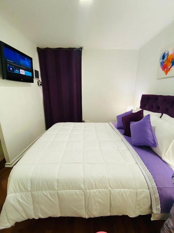 a bedroom with a large white bed with purple pillows at Alojamiento santa lucia in Santiago