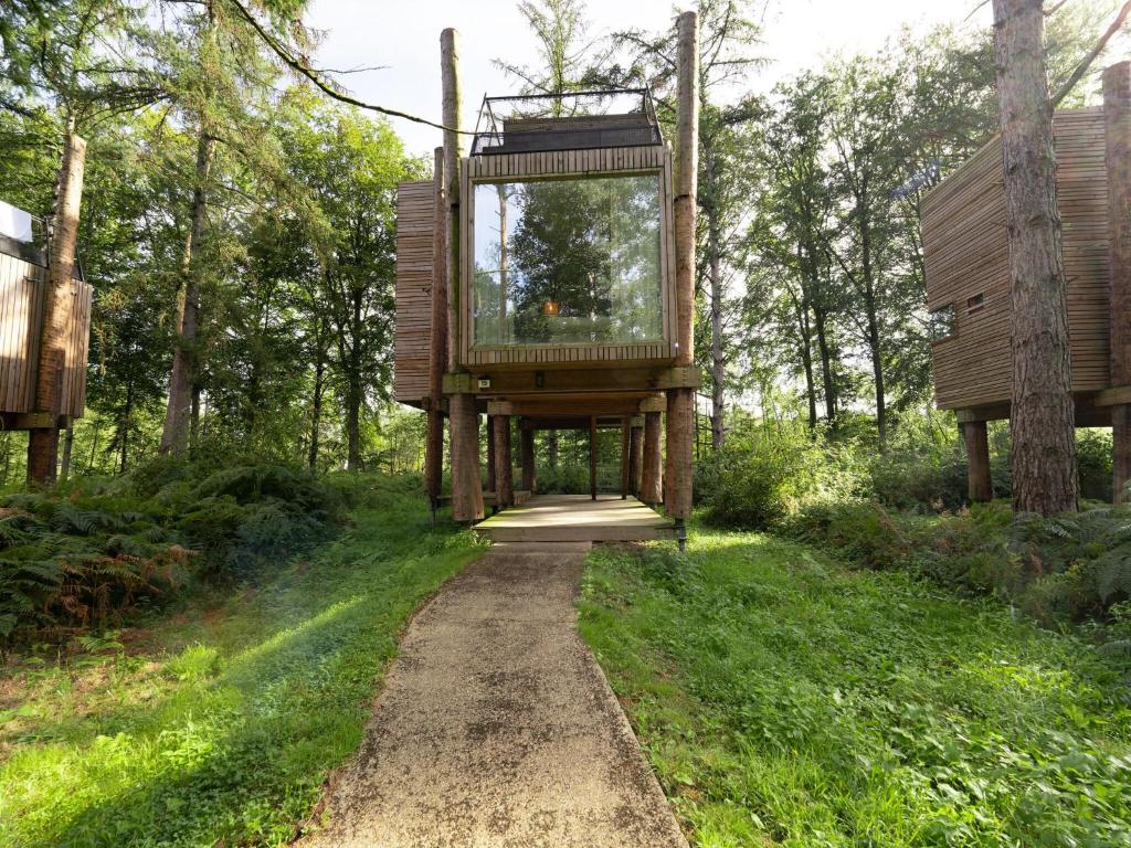 een boomhut in het bos met een loopbrug bij Haven with Sauna & Pool in Antoing