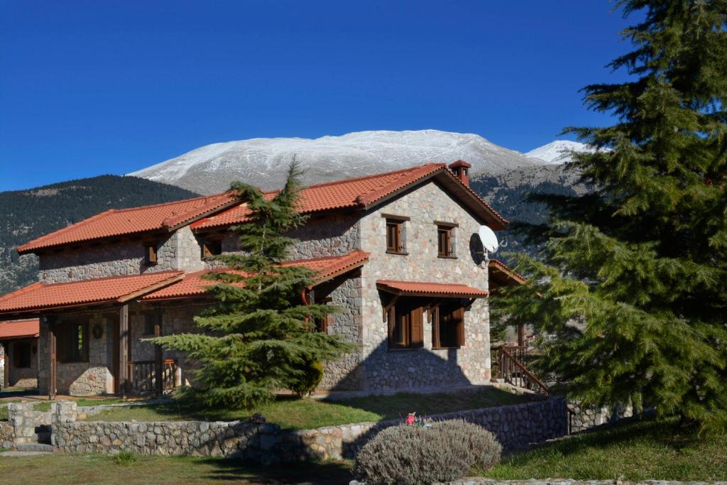 a house with a snow covered mountain in the background at Mont Valley Boutique Chalets in Arachova