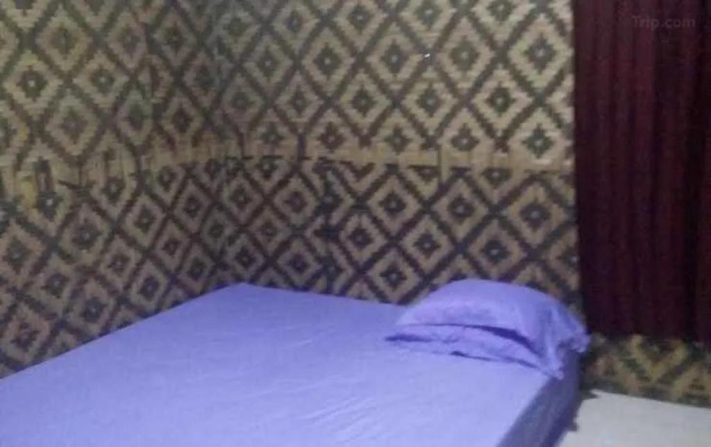 タンジュン・レスンにあるVilla Blue Ocean Tanjung Lesungの小さなベッド1台(紫色の枕付)