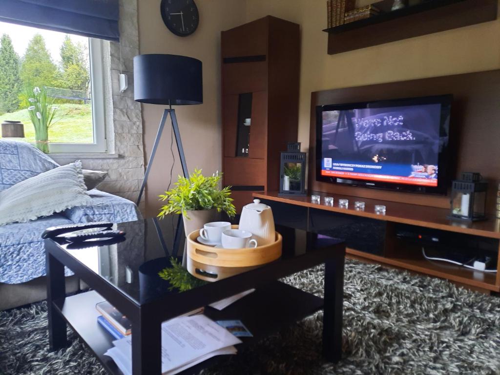 Televízia a/alebo spoločenská miestnosť v ubytovaní Dom Salamandra z panoramą gór