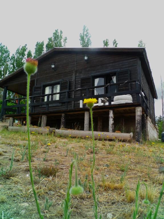 a black house sitting on top of a field at Cabaña Terra Nostra in Potrerillos