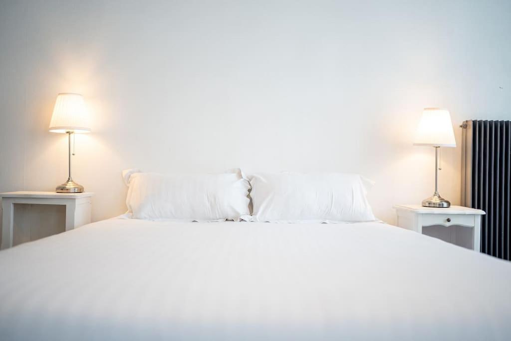 un lit blanc avec deux lampes de chaque côté dans l'établissement Appartement 21 - Lumineux - Paisible - Proximité Lac et Parcs, à Vichy