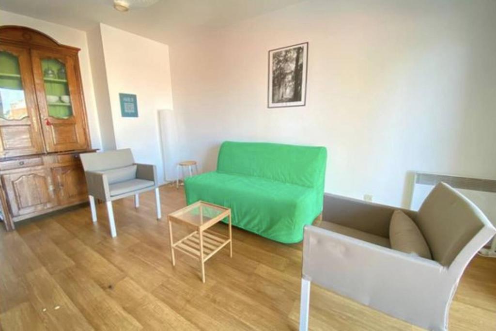 - un salon avec un canapé vert et une chaise dans l'établissement Apartment with balcony for 4, à Nantes