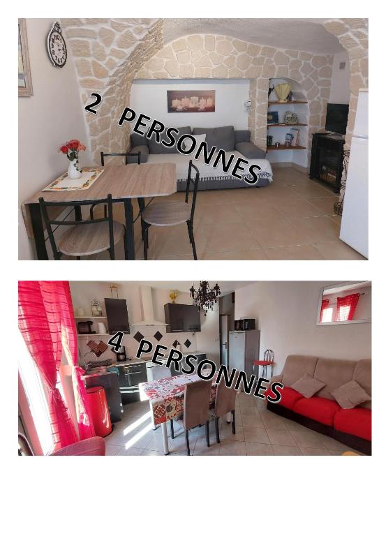 deux photos d'un salon et d'une salle à manger dans l'établissement Appartement 4 Pers VERGEZE, à Vergèze