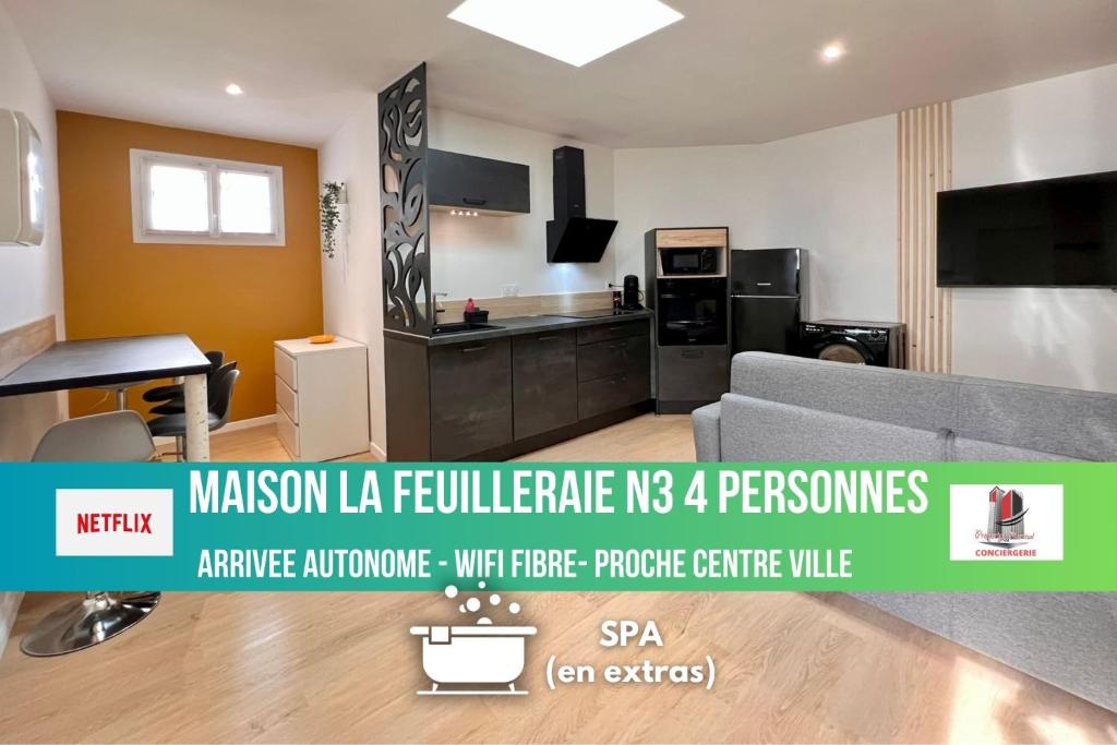 a living room with a couch and a kitchen at MAISON LA FEUILLERAIE N3-standingmaison-Wifi-proche centre ville-PROPERTY RENTAL NM in Fontenay-le-Comte