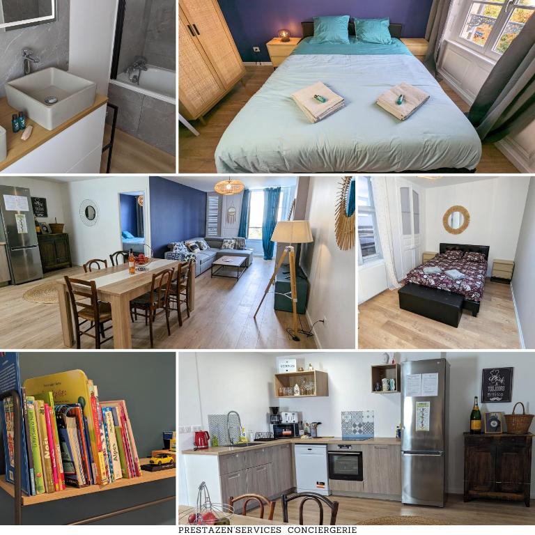 un collage de photos d'une chambre et d'un salon dans l'établissement CITADELLE - 3 chambres - 4 Lits - Centre ville - Proche Gare - WIFI - Géré par PrestaZen'Services, à Verdun-sur-Meuse