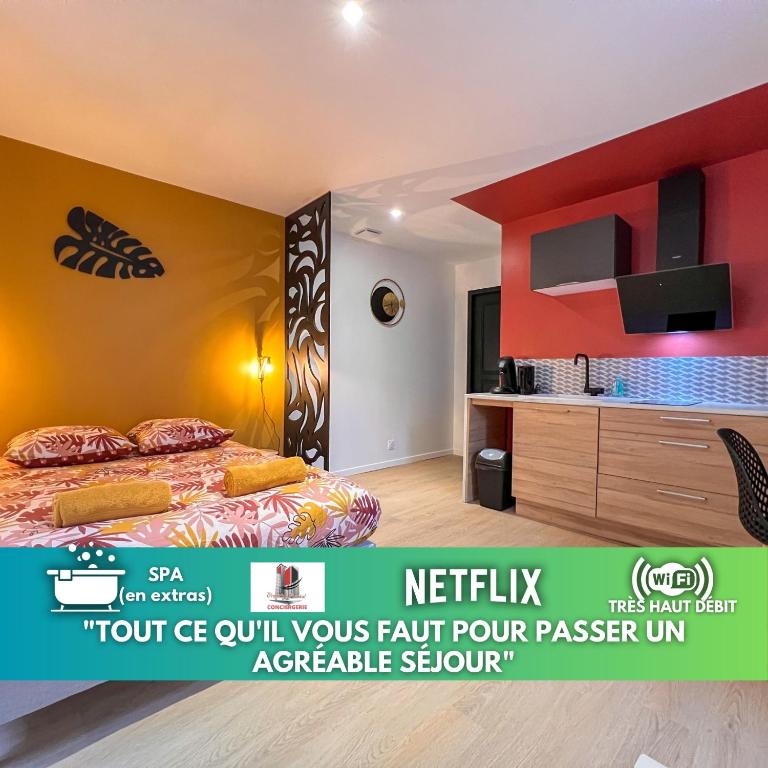 une chambre d'hôtel avec un lit et une télévision dans l'établissement LA FEUILLERAIE N1-Standingappart-Wifi-proche ville, à Fontenay-le-Comte