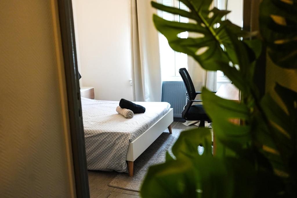 une chambre avec un lit avec un ours en peluche dessus dans l'établissement Appartement Temis et Centre ville avec Parking-wifi, à Besançon