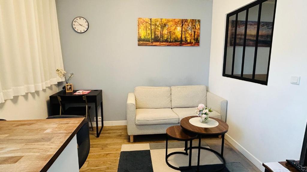 un salon avec un canapé et une table dans l'établissement Cosy studio proche de la Défense Arena, à La Garenne-Colombes