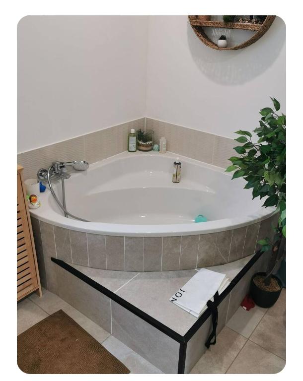 La salle de bains est pourvue d'une baignoire et d'une plante en pot. dans l'établissement Maison entre lac et montagne, à Charvonnex