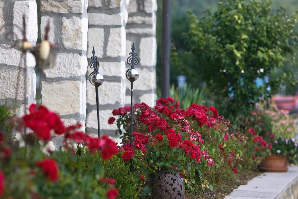 a garden with red flowers and a stone wall at Remushof Jagschitz in Oslip