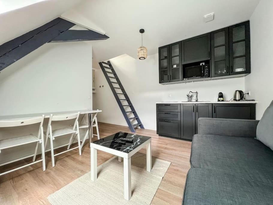 un salon avec un canapé et une table dans l'établissement COPENHAGUE- Cathédrale, Maison du XVI siècle, à Reims