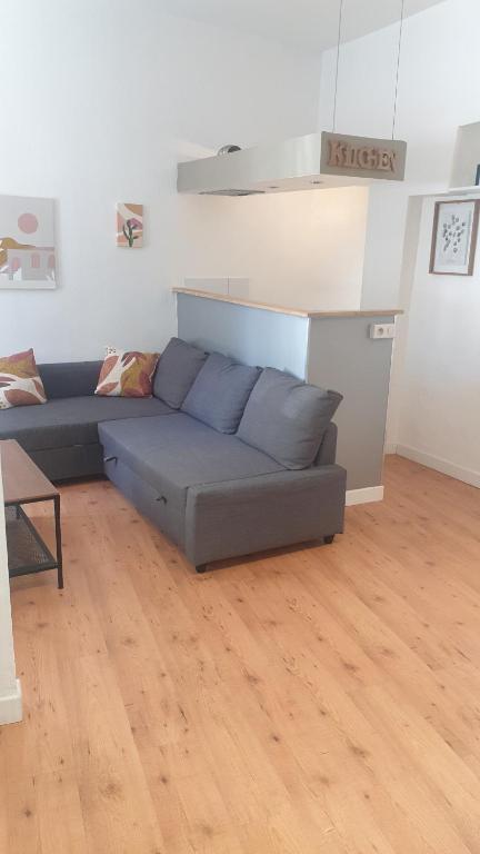 - un canapé dans le salon doté de parquet dans l'établissement Appartement cosy, à Courthézon