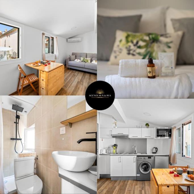 un collage de photos d'une chambre et d'une salle de bains dans l'établissement CIAPETTA- Vieille Ville de Menton - Hyper Centre - Mer - Clim, à Menton