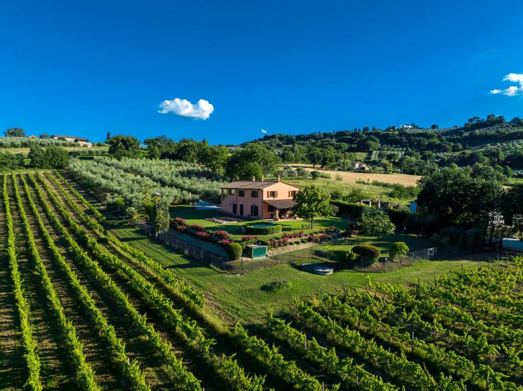an aerial view of a farmhouse and a vineyard at Scappo in Umbria, Mevania Villa in Bevagna