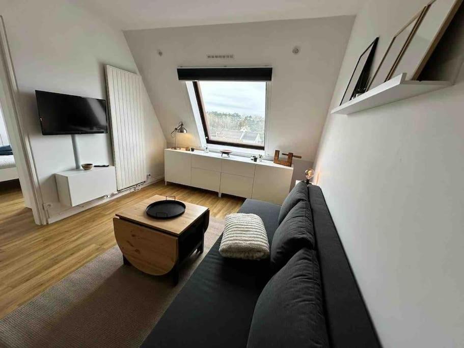 un salon avec un canapé et une grande fenêtre dans l'établissement Bel Cabourg - Proche plage & Centre Cabourg, à Cabourg