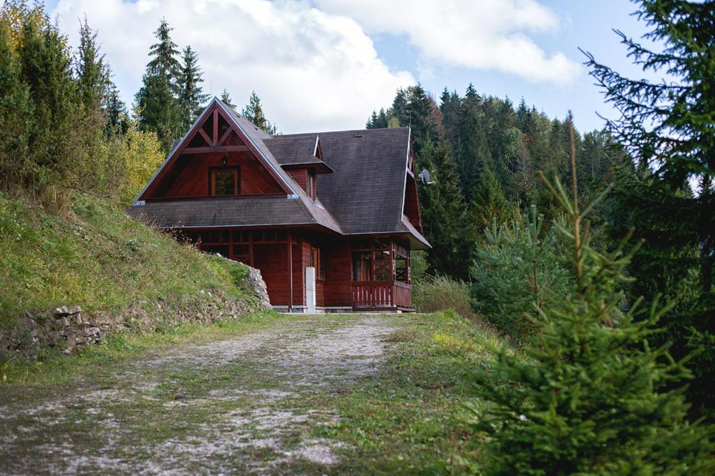 a log cabin in the middle of a forest at Chata Čučoriedka Litmanová in Litmanová