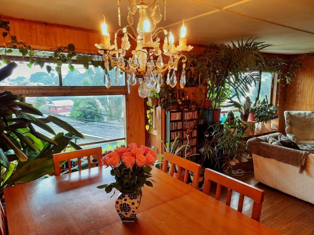 uma sala de jantar com uma mesa com um vaso de flores em La Casa Colores em Puerto Montt