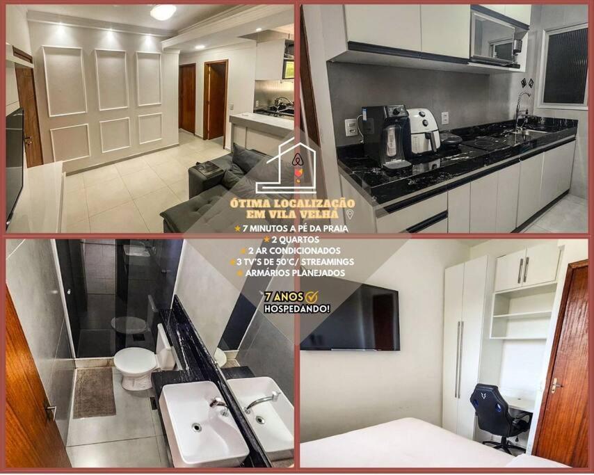 a collage of two pictures of a kitchen and a bathroom at 2qts, 2 AR, 3 TV, Perto da Praia, Garagem in Itaparica