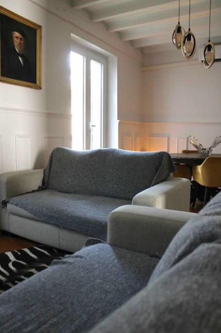 un salon avec un canapé et une fenêtre dans l'établissement Spacieux appartement 4 couchages, terrasse privée, à Narbonne