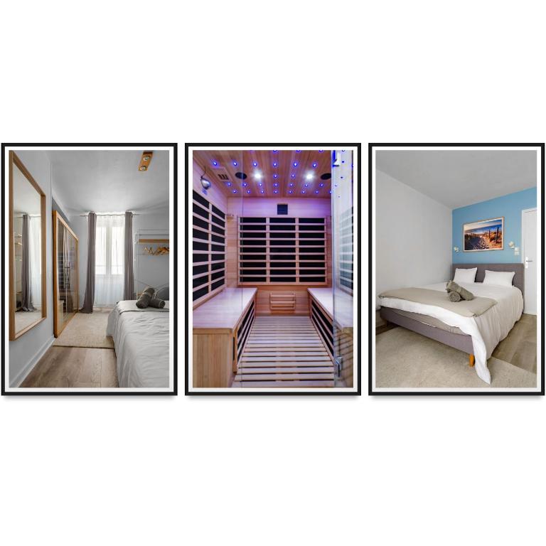 3 photos d'une chambre avec 2 lits dans l'établissement Le Petit Pasteur - Appartement design avec Sauna, à Vichy