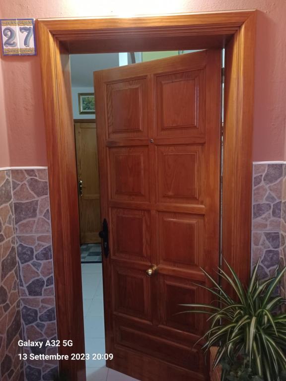 una puerta de madera en una habitación con una planta en Habitaciones Gioly en Puerto del Rosario