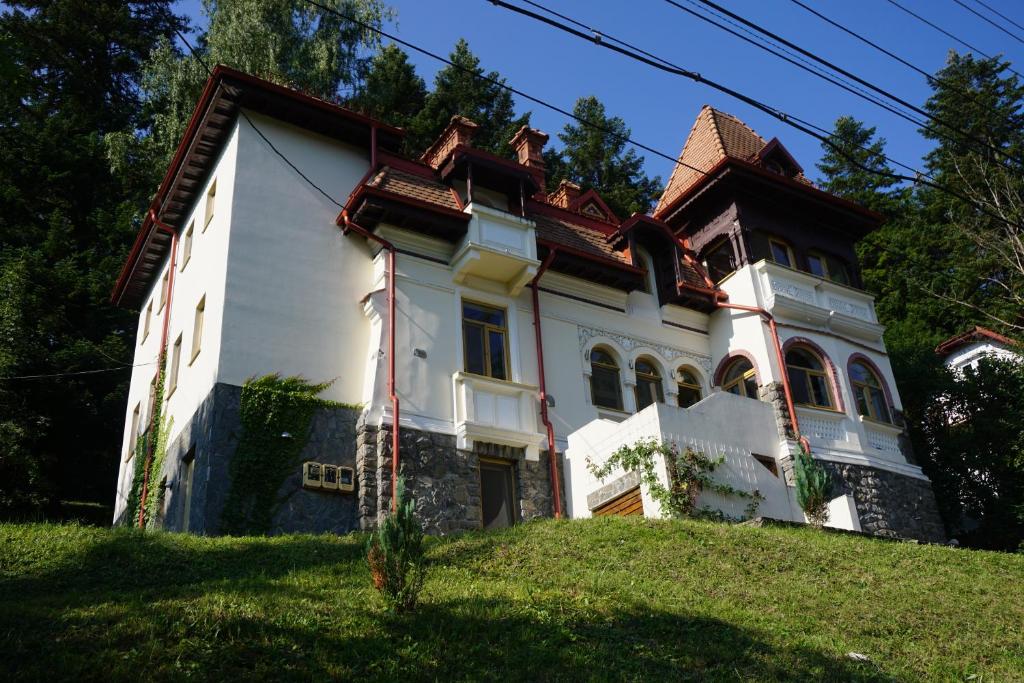 a large white house with a blue roof at Vila Arizto in Sinaia