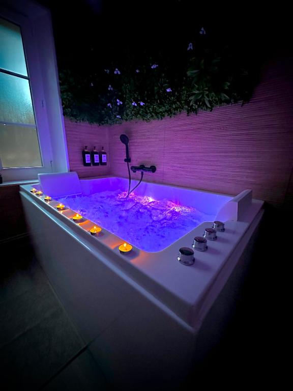 Cette chambre comprend une baignoire avec éclairage. dans l'établissement Maison cosy jungle urbaine, à Dammartin-en-Goële
